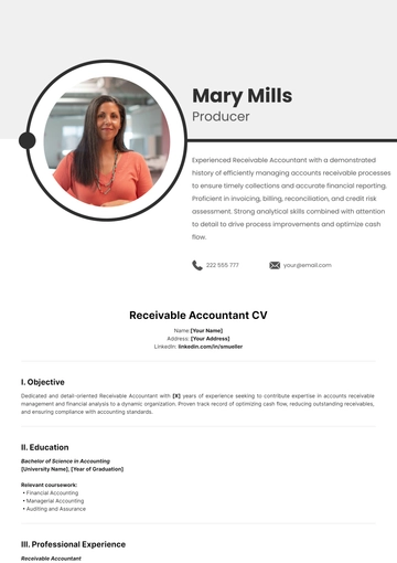 Free Receivable Accountant CV Template to Edit Online