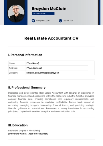 Free Real Estate Accountant CV Template to Edit Online