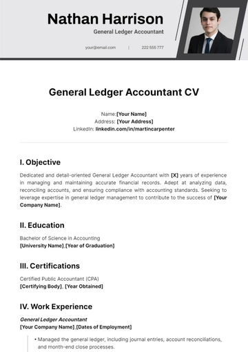 Free General Ledger Accountant CV Template to Edit Online