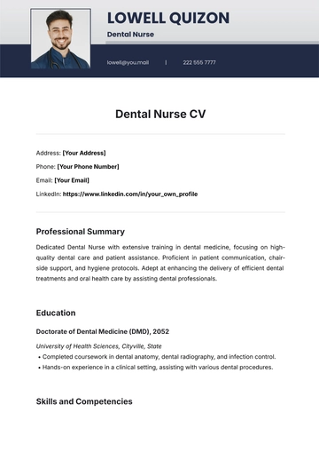 Free Dental Nurse CV Template to Edit Online