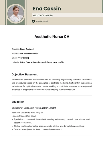 Free Aesthetic Nurse CV Template to Edit Online