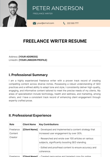 Free Freelance Writer Resume Template to Edit Online