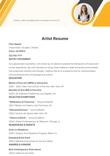 Free Artist Resume Template to Edit Online