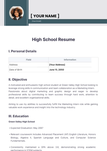 Free High School Resume Template to Edit Online