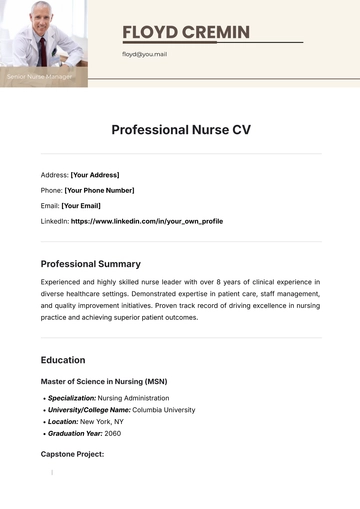 Free Professional Nurse CV Template to Edit Online