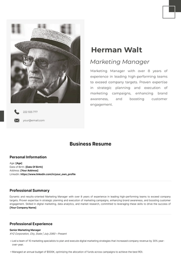 Free Business Resume Template to Edit Online