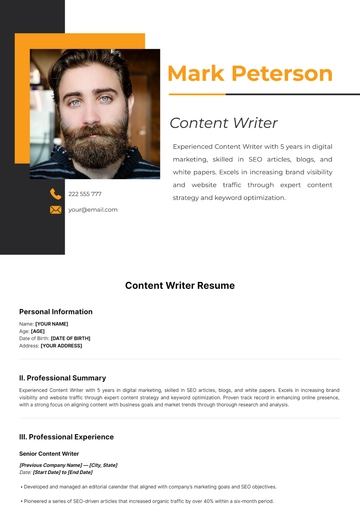 Free Content Writer Resume Template to Edit Online