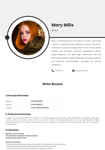 Free Writer Resume Template to Edit Online