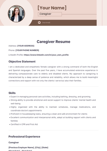 Free Caregiver Resume Template to Edit Online