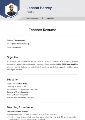 Free Teacher Resume Template to Edit Online