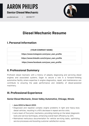 Free Diesel Mechanic Resume Template to Edit Online
