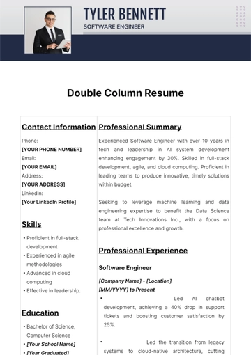 Free Double Column Resume Template to Edit Online