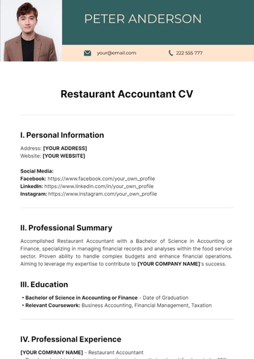 Free Restaurant Accountant CV Template to Edit Online