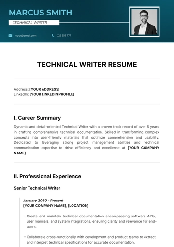 Free Technical Writer Resume Template to Edit Online