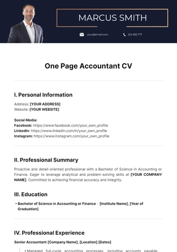 Free One Page Accountant CV Template to Edit Online