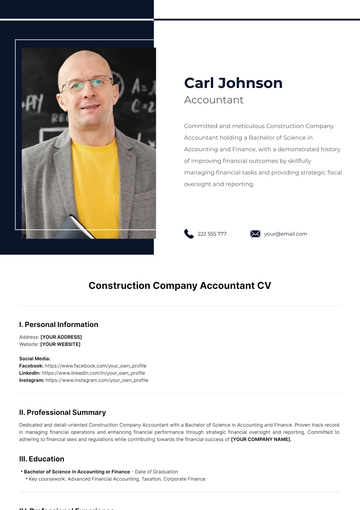 Free Construction Company Accountant CV Template to Edit Online