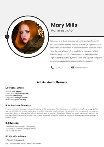 Free Administrator Resume Template to Edit Online