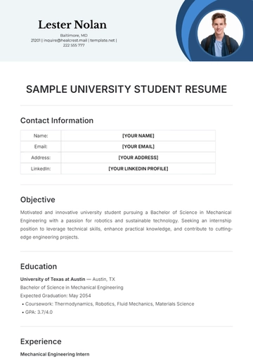 Free Sample University Student Resume Template to Edit Online