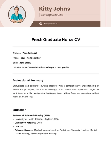 Free Fresh Graduate Nurse CV Template to Edit Online