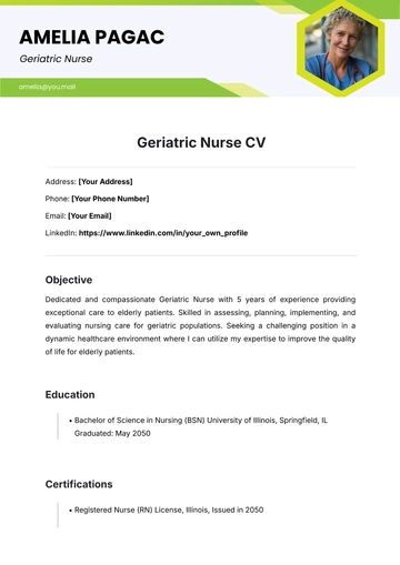 Free Geriatric Nurse CV Template to Edit Online