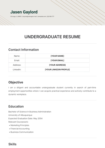 Free Undergraduate Resume Template to Edit Online