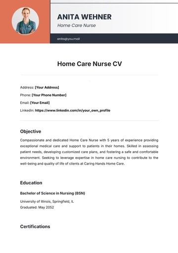 Free Home Care Nurse CV Template to Edit Online