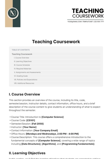 Free Teaching Coursework Template to Edit Online