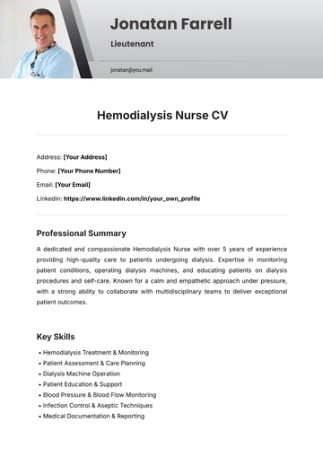 Free Hemodialysis Nurse CV Template to Edit Online