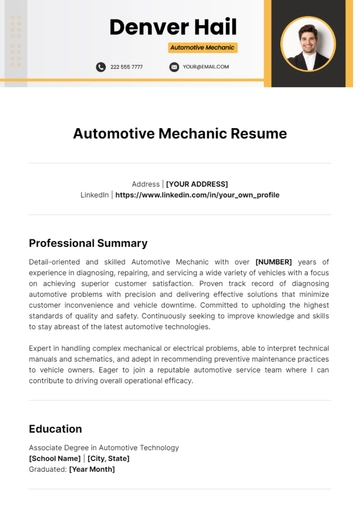 Free Automotive Mechanic Resume Template to Edit Online