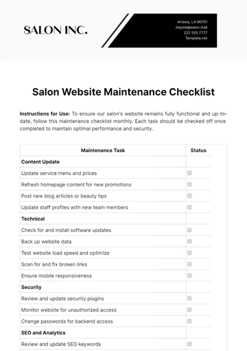 Free Salon Website Maintenance Checklist Template to Edit Online