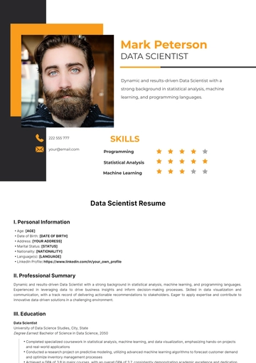 Free Data Scientist Resume Template to Edit Online