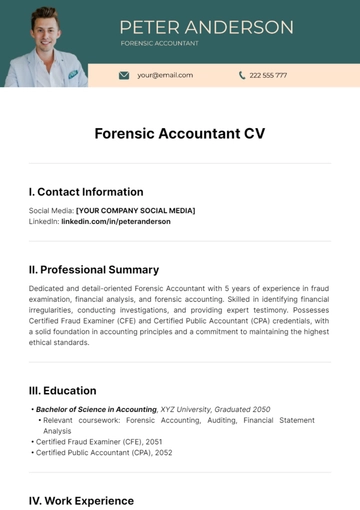 Free Forensic Accountant CV Template to Edit Online