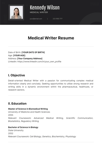 Free Medical Writer Resume Template to Edit Online