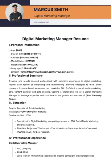 Free Digital Marketing Manager Resume Template to Edit Online