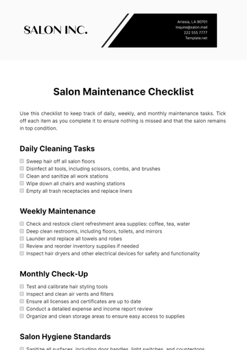 Free Salon Maintenance Checklist Template to Edit Online