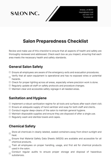 Free Salon Preparedness Checklist Template to Edit Online