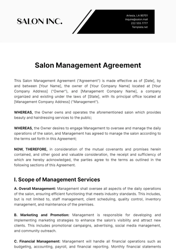 Free Salon Management Agreement Template to Edit Online