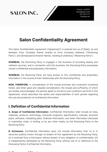 Free Salon Confidentiality Agreement Template to Edit Online