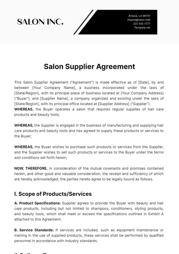 Free Salon Supplier Agreement Template to Edit Online