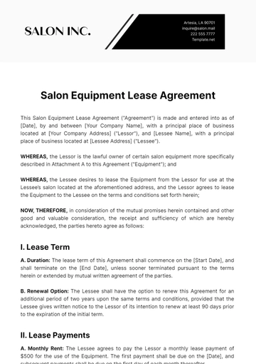 Free Salon Equipment Lease Agreement Template to Edit Online