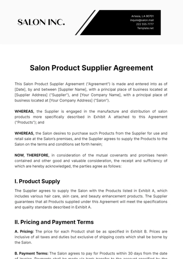 Free Salon Product Supplier Agreement Template to Edit Online