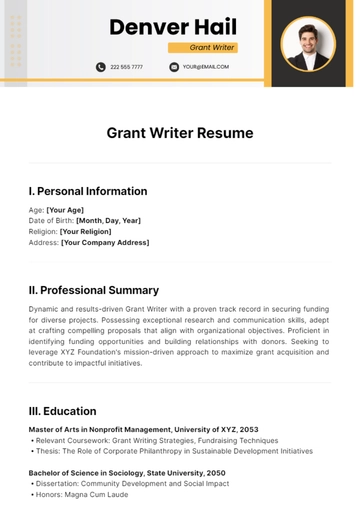 Free Grant Writer Resume Template to Edit Online