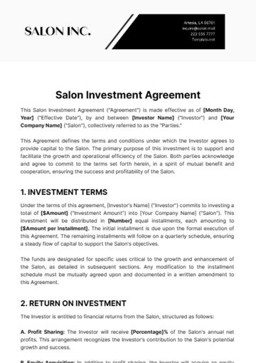 Free Salon Investment Agreement Template to Edit Online