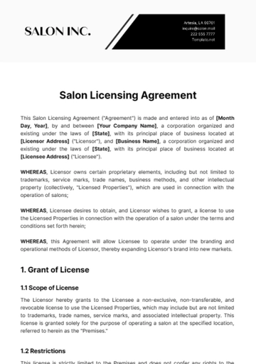 Free Salon Licensing Agreement Template to Edit Online
