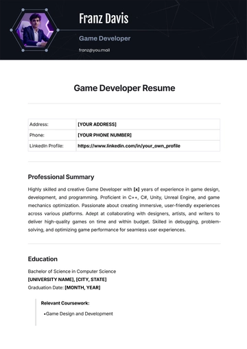 Free Game Developer Resume Template to Edit Online