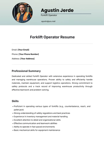 Free Forklift Operator Resume Template to Edit Online