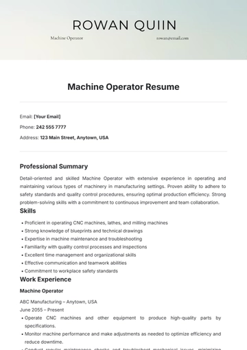 Free Machine Operator Resume Template to Edit Online