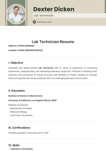 Free Lab Technician Resume Layout Template to Edit Online