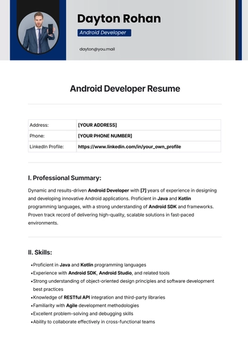 Free Android Developer Resume Template to Edit Online