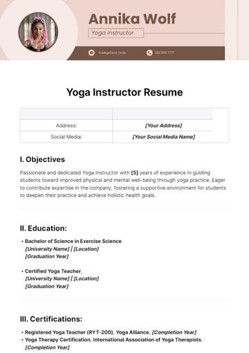 Free Yoga Instructor Resume Template to Edit Online